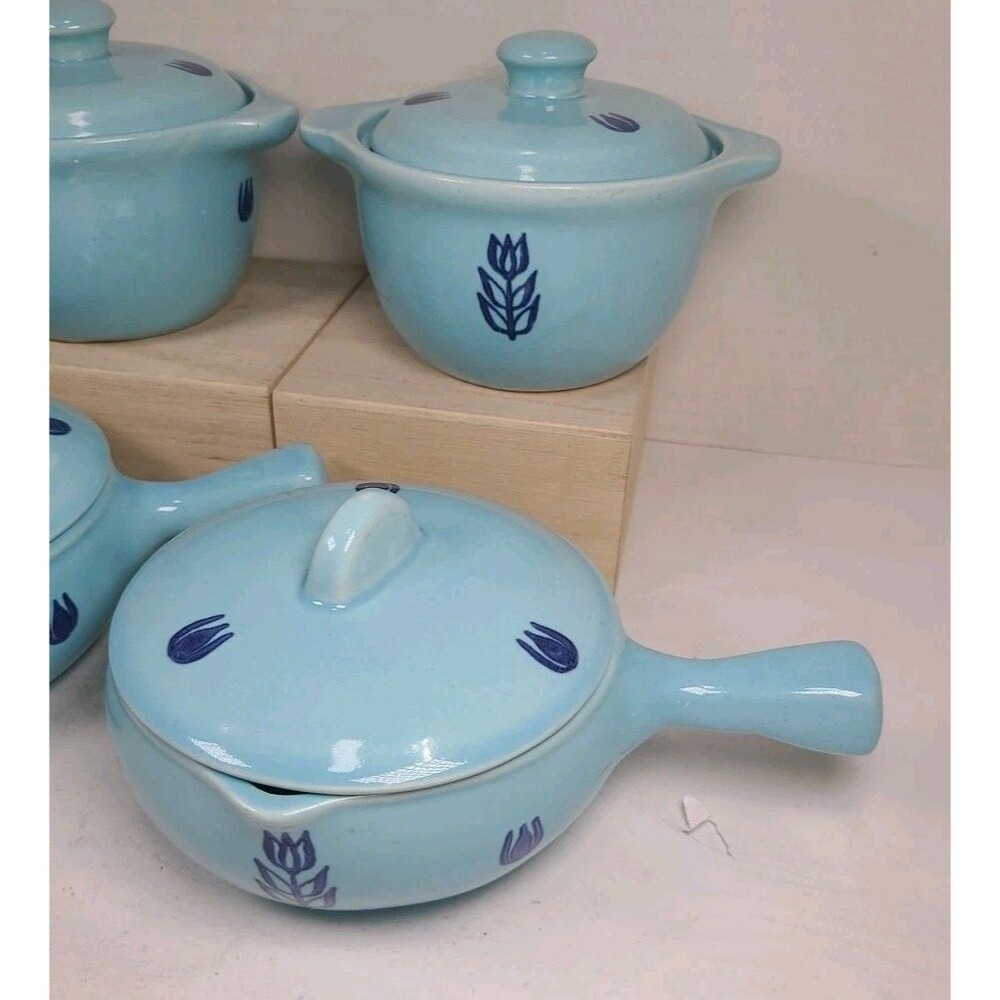 Vintage (4) Cronin BLUE TULIP Small Soup Sauce Pots WITH Lids & Handles - Picture 3 of 11